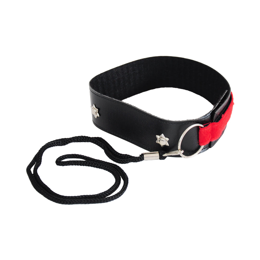 COLEIRA COURO ESTRELA - PRETO C/ VERMELHO