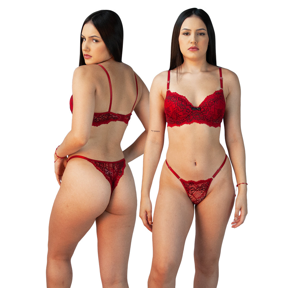 CONJUNTO DE RENDA COM BOJO VERMELHO E PRETO - TAM GG