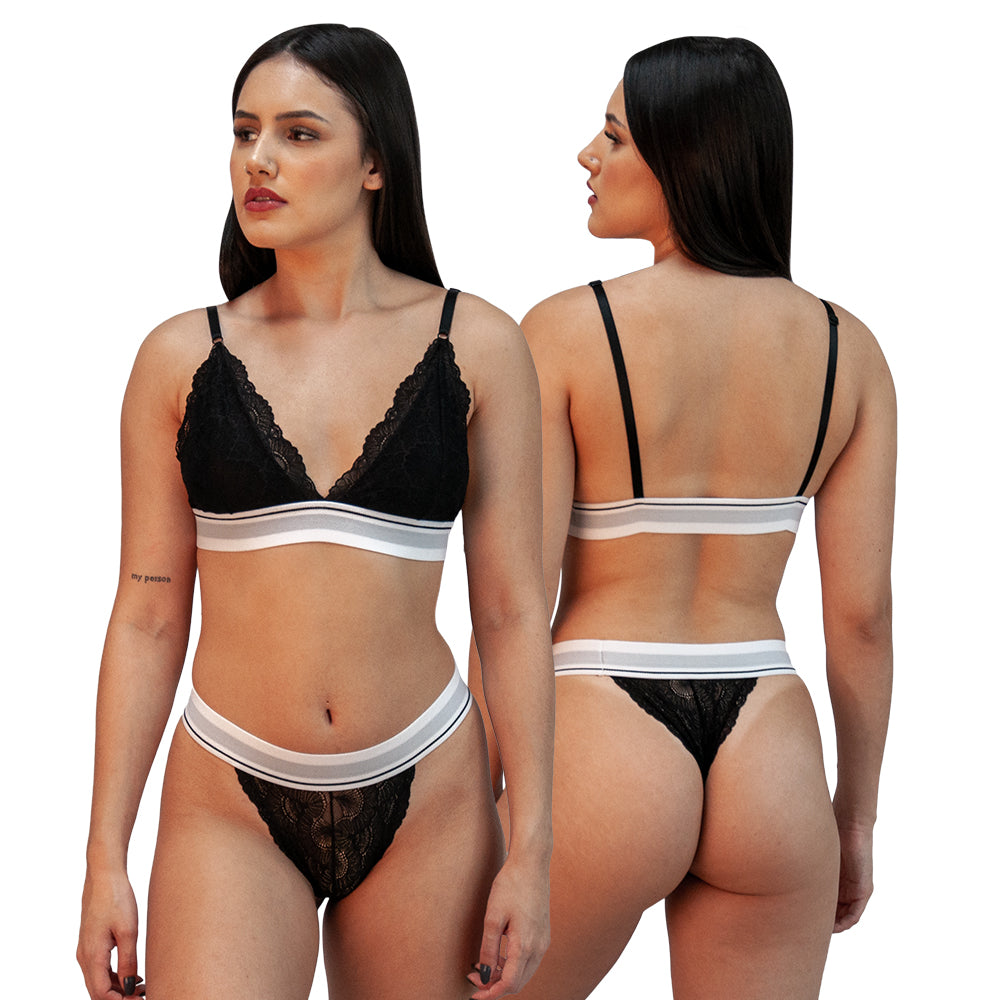 CONJUNTO DE RENDA PRETO COM ELASTICO BRANCO - TAM GG