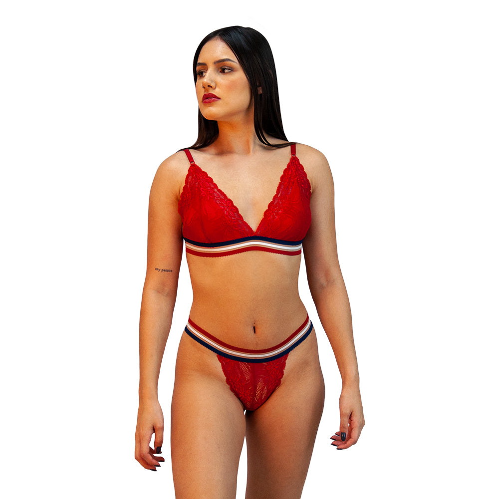 CONJUNTO DE RENDA VERMELHO COM ELASTICO TRICOLOR – TAM GG